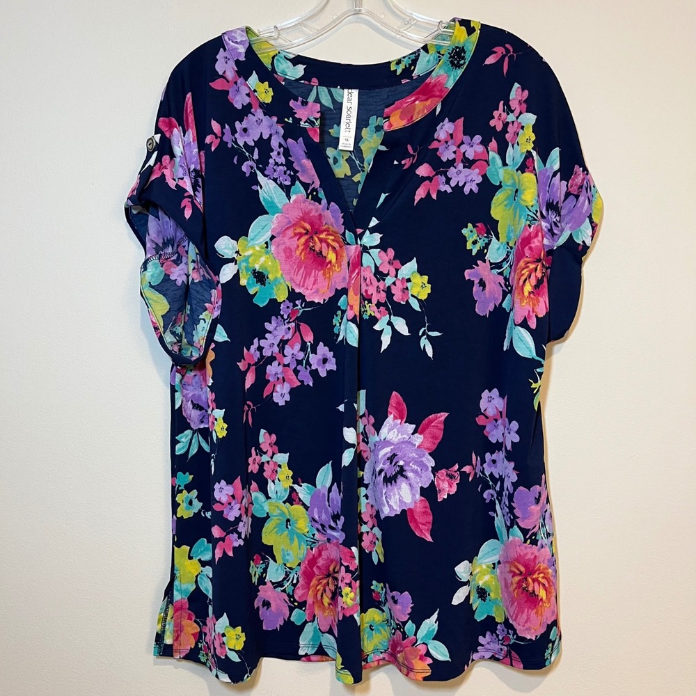 Dear Scarlett Lizzy Blouse Short Sleeve Shirt Top Multicolor Floral Size XL